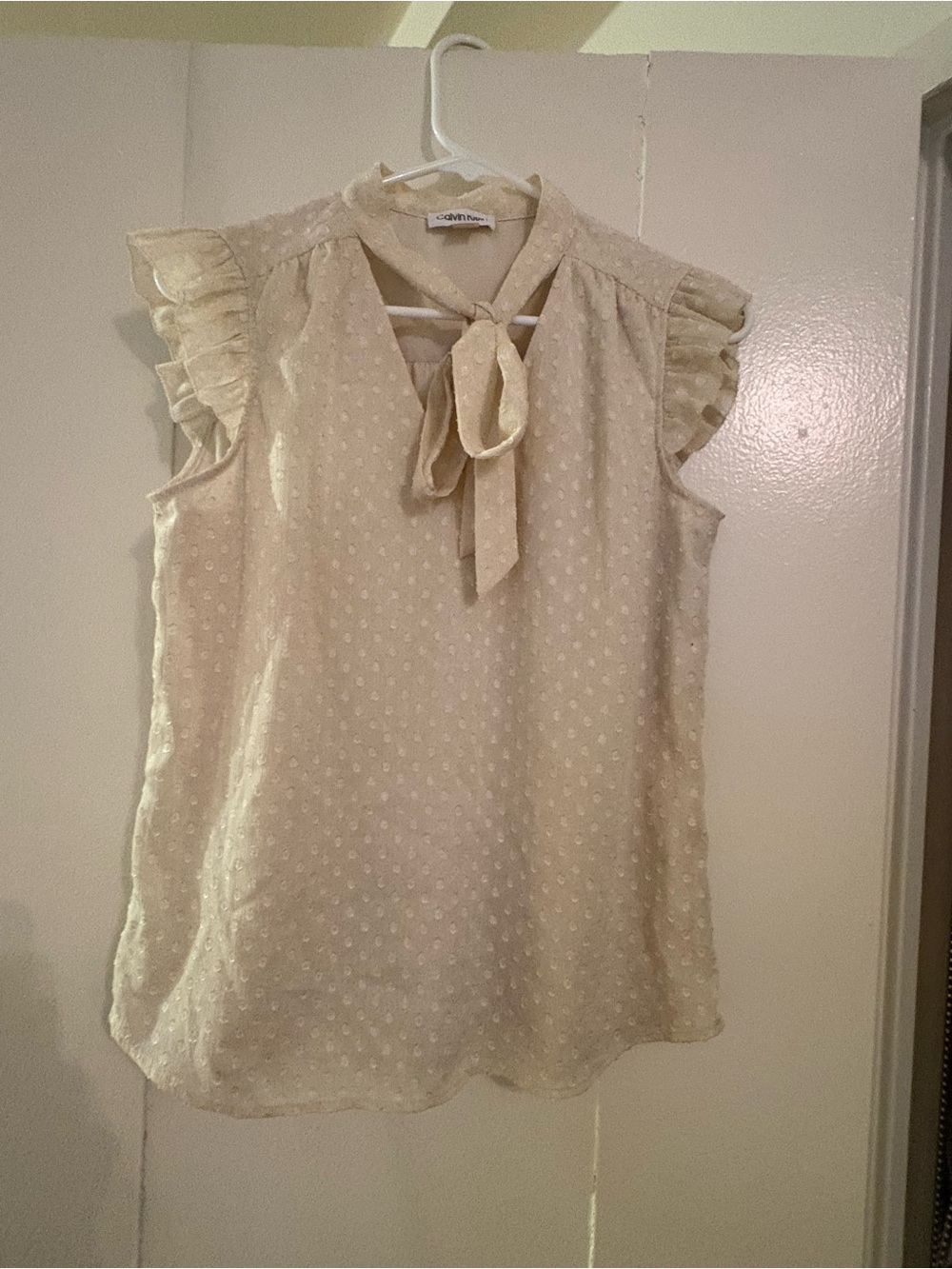 Calvin Klein Cream Dot-Texture Tie-Neck Ruffle Sleeve Blouse